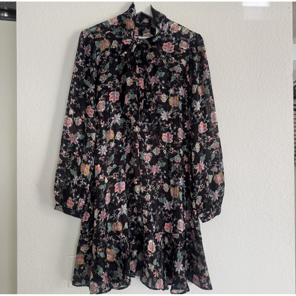 Banana Republic Floral Boho Sheer Tie Neck Tunic Dress Black Multicolor Sz L